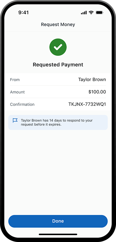 iphone que muestra la pantalla de confirmación para solicitar dinero con Zelle en la aplicación de la banca móvil de PNC