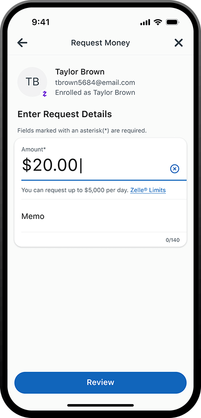 iphone que muestra la pantalla de revisar para solicitar dinero en Zelle en la aplicación de la banca móvil de PNC