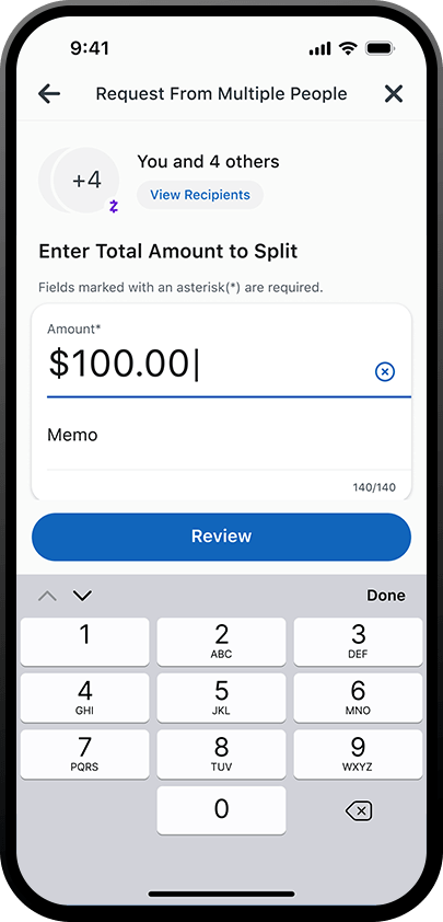 iphone con $100 ingresados en el campo de monto para dividir un gasto con Zelle en la aplicación de la banca móvil de PNC