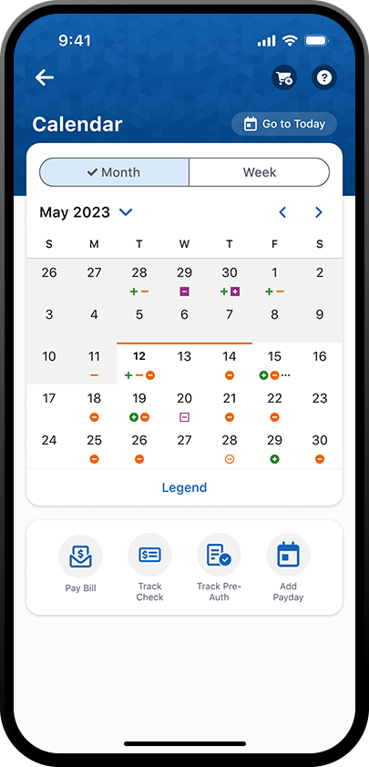 iphone que muestra la pantalla de calendario en la aplicación de la banca móvil de pnc