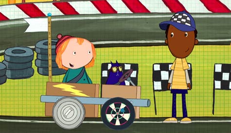 peg + cat in a race car