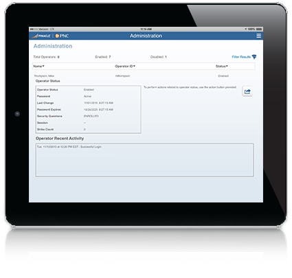 Tablet with a snapshot of the Administration screen on PINACLE