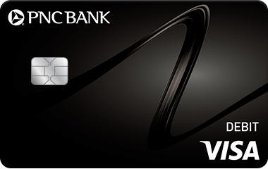 Black PNC Bank Visa Debit Card with a sleek black background overlaid with a black abstract design