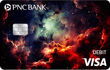 Outer Space PNC Bank Visa Debit Card with a close-up of a colorful space nebula