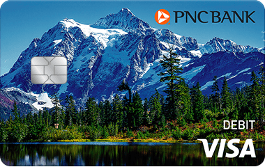 Mountain PNC Bank Visa Debit Card with a large snow-capped mountain in the background and a lake surrounded by evergreen trees in the foreground