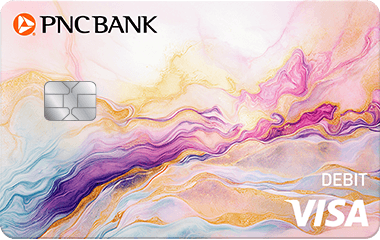 Pearl PNC Bank Visa Debit Card with a colorful abstract design that resembles a wispy pearl pattern
