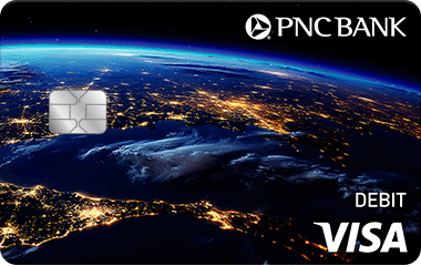 Planet Earth PNC Bank Visa Debit Card with glittering partial view of Planet Earth from outer space