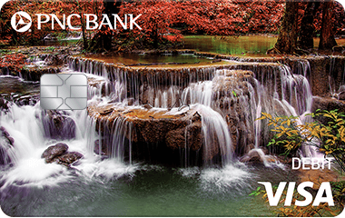 Waterfall PNC Bank Visa Debit Card with picturesque waterfall in a wooded area in autumn