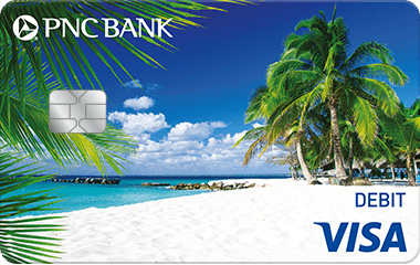 Tropical Beach PNC Bank Visa Debit Card with a sunny white-sand beach with partly cloudy blue skies and towering palm trees