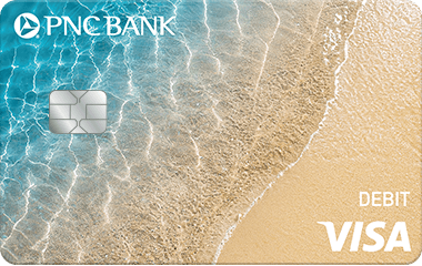 Sand and Waves PNC Bank Visa Debit Card with a close-up of clear blue waves washing up on a sandy shore
