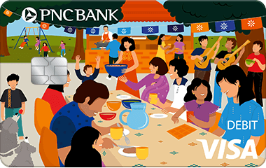 PNC Hispanic Gathering Visa Debit Card with colorful animated imagery of a happy family at an outdoor gathering with food, music, and children playing