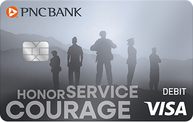 Military PNC Bank Visa Debit Card with the words HONOR SERVICE COURAGE written over a backlit grayscale image of shadowy military figures