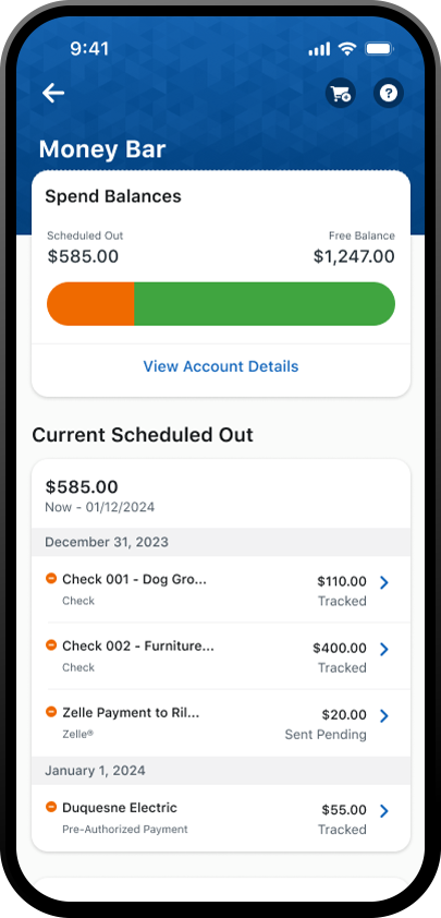 phone screen showing money bar page displaying spend balances in the pnc mobile app