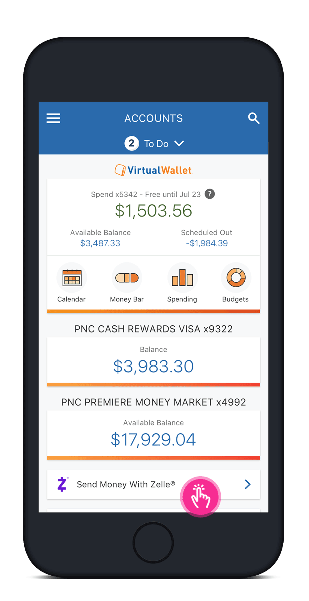 Screen of the PNC mobile app showing where the Send Money with Zelle button is