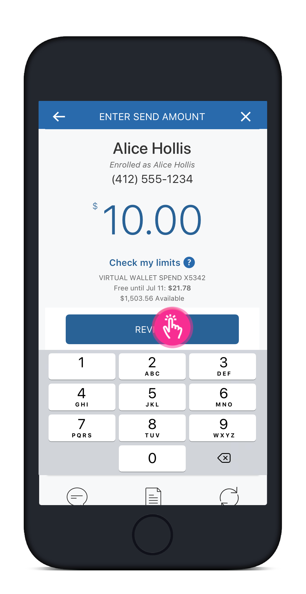 Screenshot of the Enter Send Amount page in the PNC Mobile app with Review button highlighted
