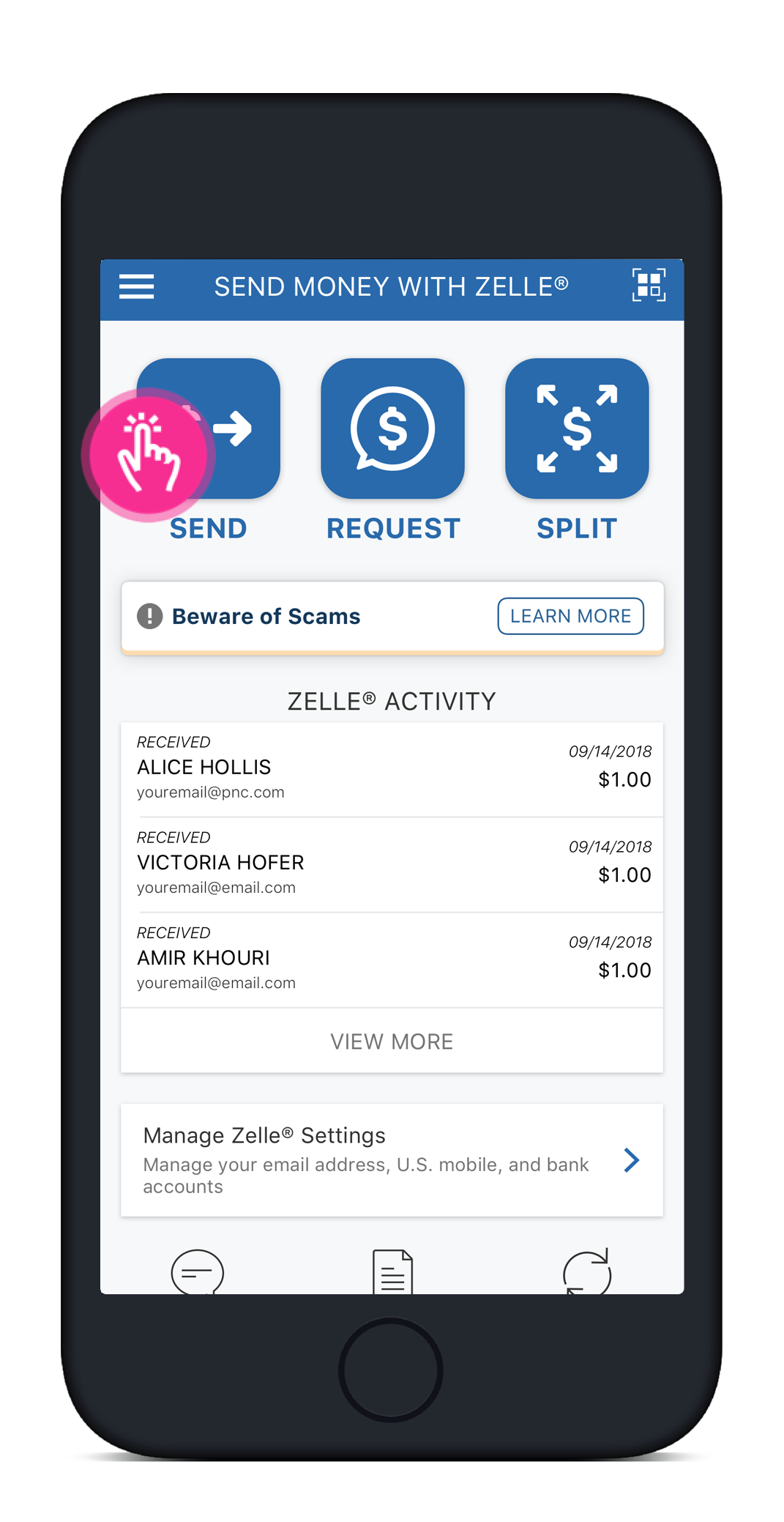 Screen of the PNC mobile app showing where the Send Money with Zelle button is
