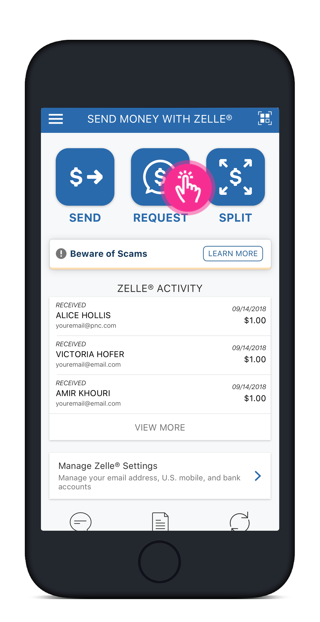 Screenshot of the Send Money with Zelle page with Request Money highlighted